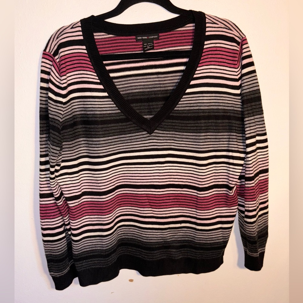 Pink, black, grey and white gradient striped v-neck sweater
